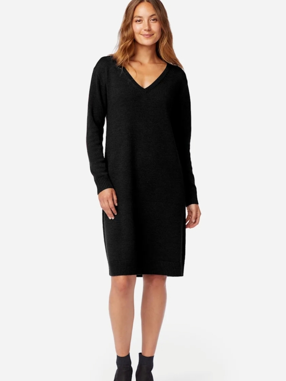 Pendleton Merino Wool Sweater Dress Midi Size XS Petite Tall Black V Neck